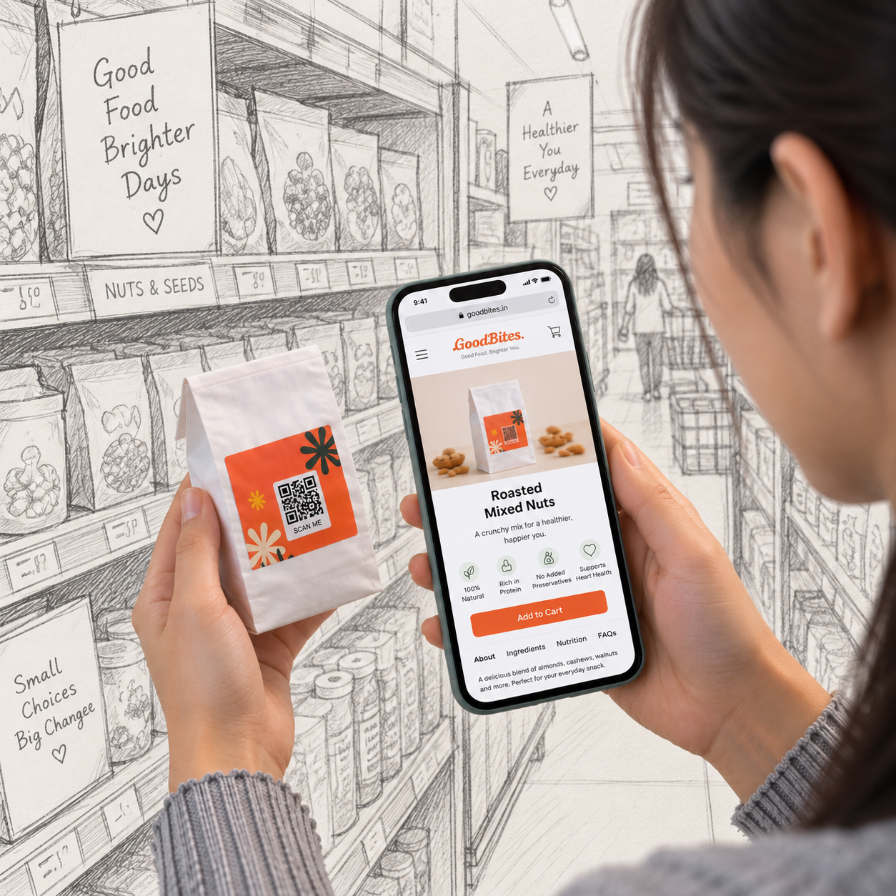 Product package on a retail shelf connected by a scan path to a phone