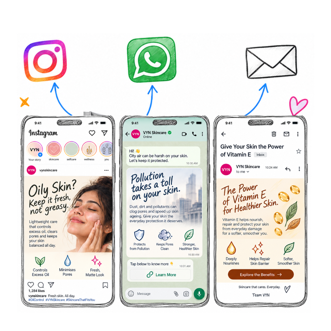 Connected product storefront, campaign pages, shipping package, and repeat purchase journey