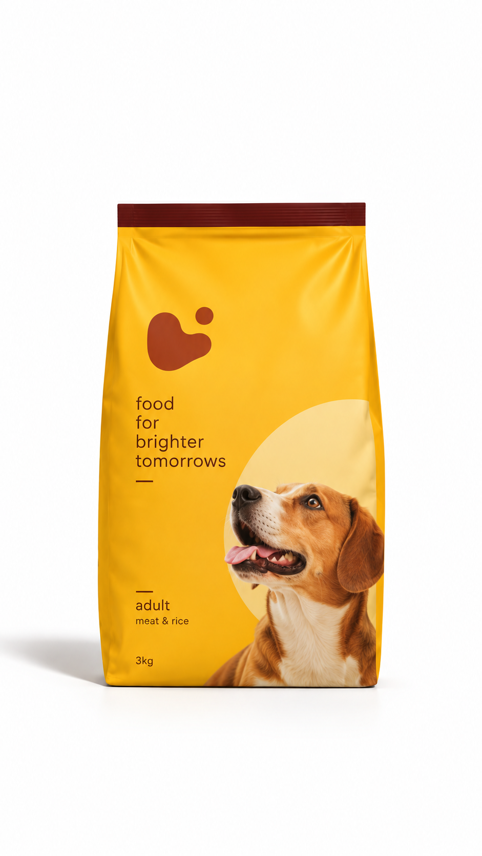 Bright yellow dog food package with a dog portrait